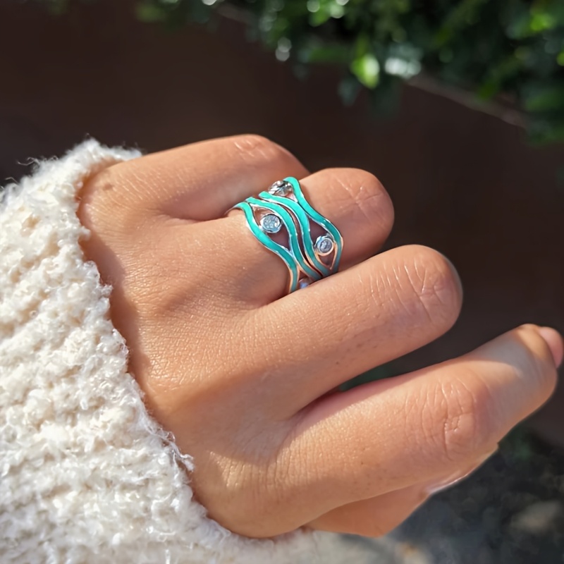 Bohemian Turquoise Wave Enamel Ring with Golden Plating